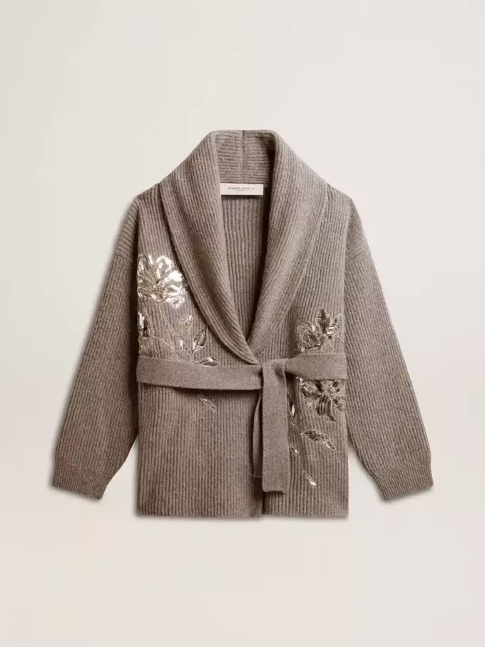 Damkofta i grå melerad ull med broderi på framsidan Damkofta i grå melerad ull med broderi på framsidan