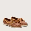 Damloafers i tobaksfärgat läder med orange vandringsskosnören Damloafers i tobaksfärgat läder med orange vandringsskosnören
