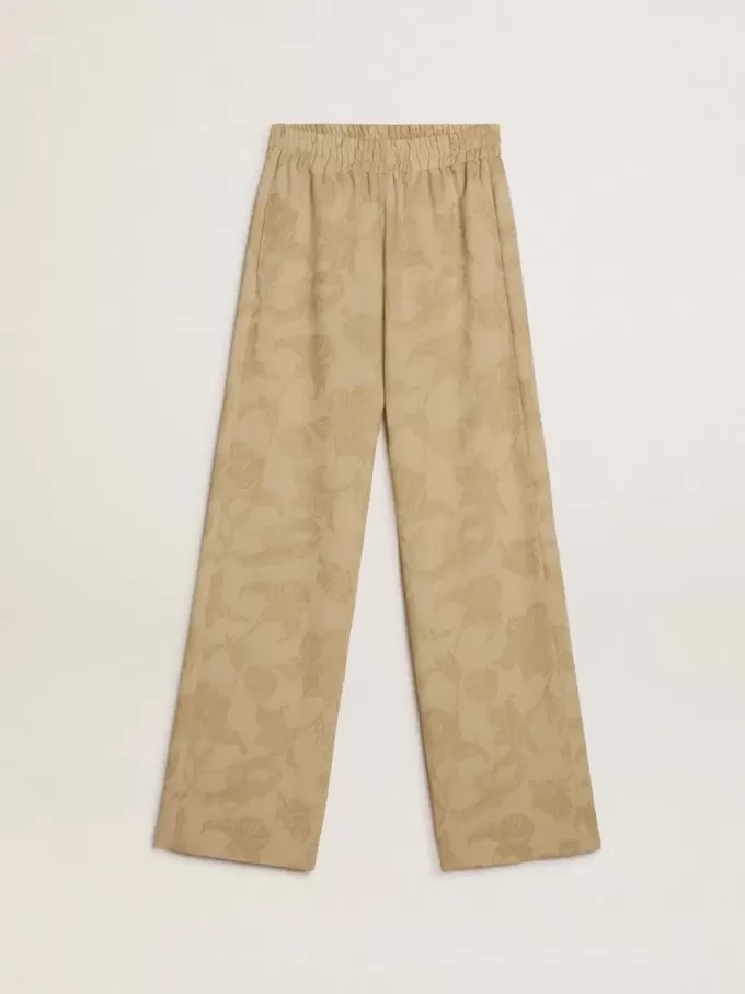 Dampyjamasbyxor i beige jacquard med blommönster Dampyjamasbyxor i beige jacquard med blommönster