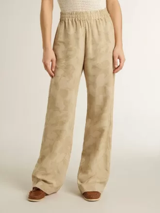 Dampyjamasbyxor i beige jacquard med blommönster