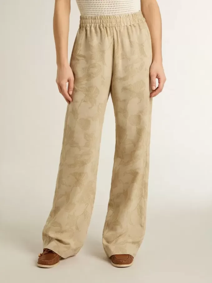 Dampyjamasbyxor i beige jacquard med blommönster Dampyjamasbyxor i beige jacquard med blommönster