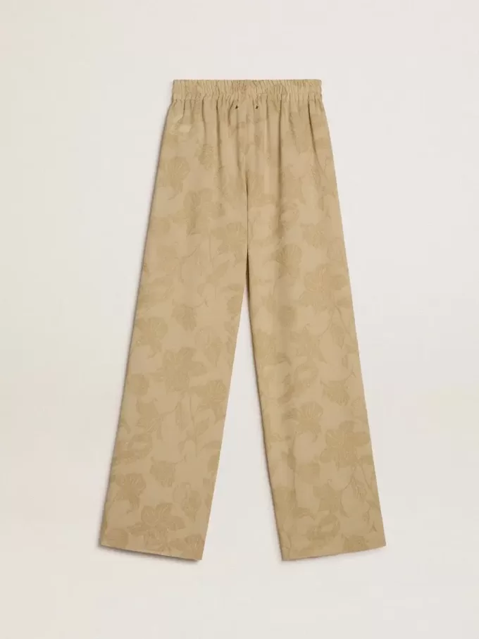 Dampyjamasbyxor i beige jacquard med blommönster Dampyjamasbyxor i beige jacquard med blommönster