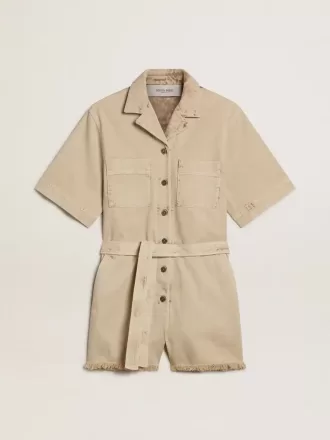 Damromper i beige denim med bälte och slitna kanter