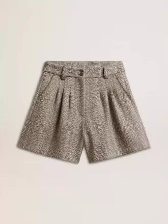 Damshorts i ecrubrun fiskbensmönstrad ull