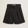Damshorts i svart ullgabardin med midjebälte