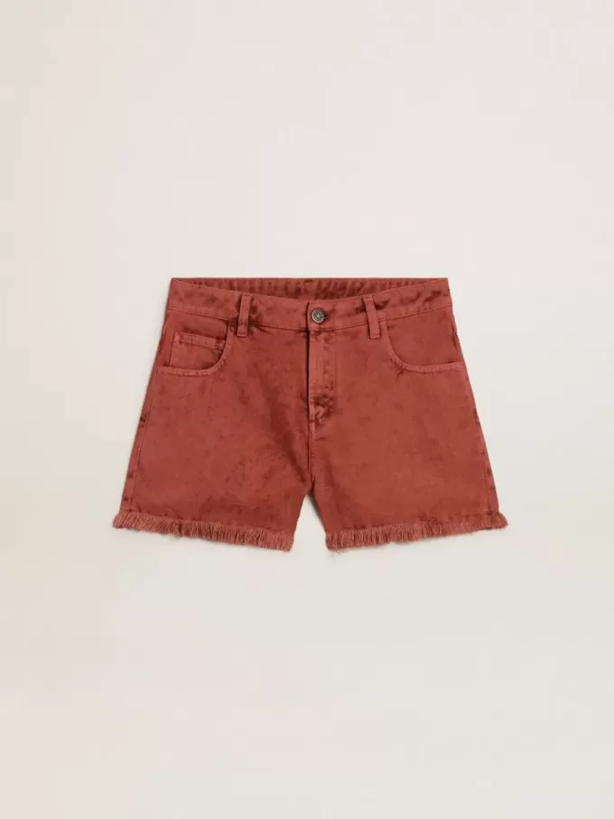 Damshorts i tegelröd denim med broderi Golden Mediterraneo Damshorts i tegelröd denim med broderi Golden Mediterraneo
