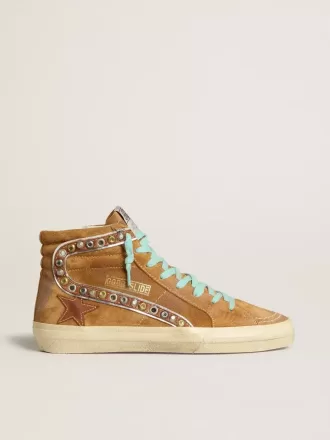 Damsko Slide i ockrafärgat mocka med tobaksfärgad läderstjärna
