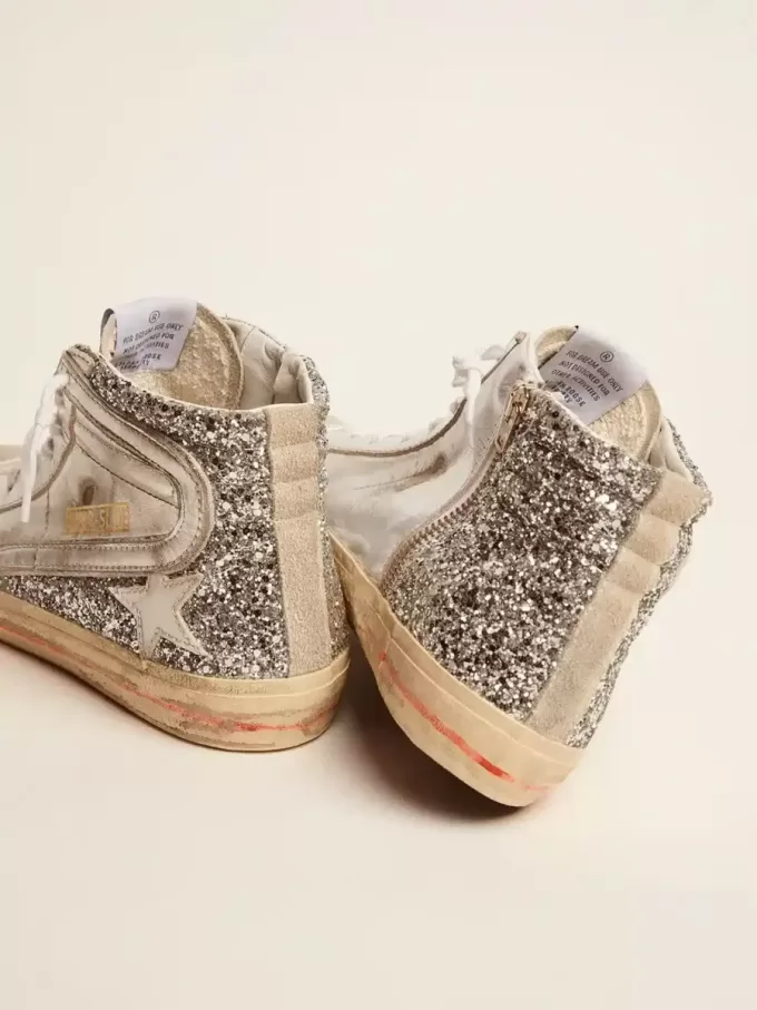 Damskor med laminerad läderöverdel och silverglitter Damskor med laminerad läderöverdel och silverglitter