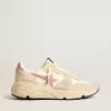 Damskor med löparsula i beige nylon med rosa läderstjärna och hälflik Damskor med löparsula i beige nylon med rosa läderstjärna och hälflik
