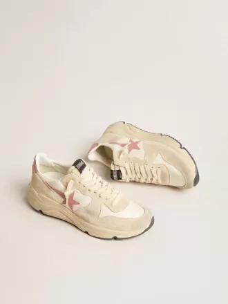 Damskor med löparsula i beige nylon med rosa läderstjärna och hälflik