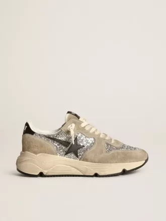 Damskor med löparsula i silverglitter och duvgrå mocka