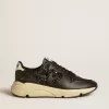 Damskor Running Sole i svart glitter med läderstjärna och nubuckklackflik Damskor Running Sole i svart glitter med läderstjärna och nubuckklackflik