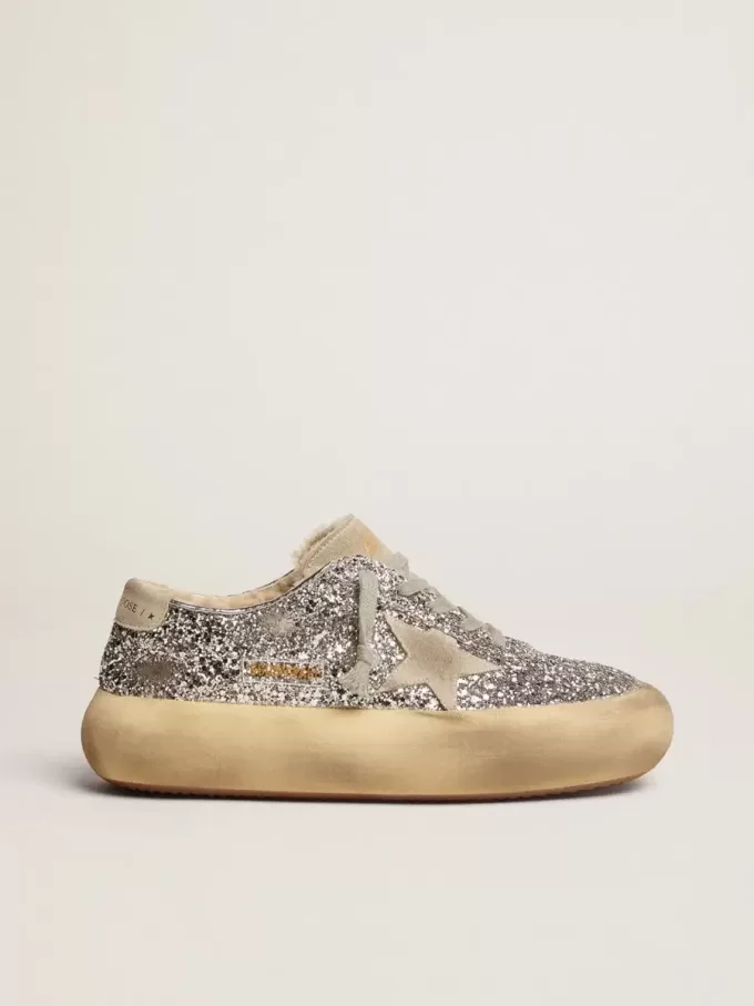 Damskor Space-Star i silverglitter med foder av fårskinn