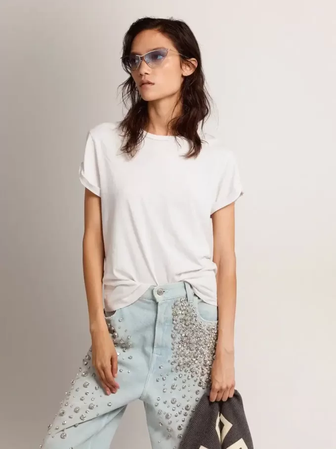 Distressed regular-fit dam-T-shirt i vitt Distressed regular-fit dam-T-shirt i vitt