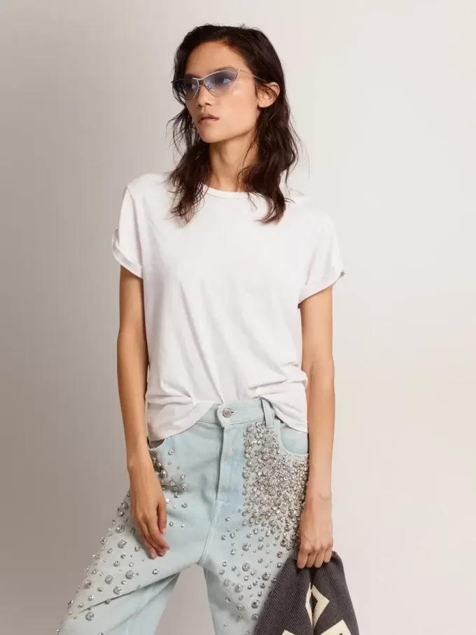 Distressed slim-fit dam-T-shirt i vitt