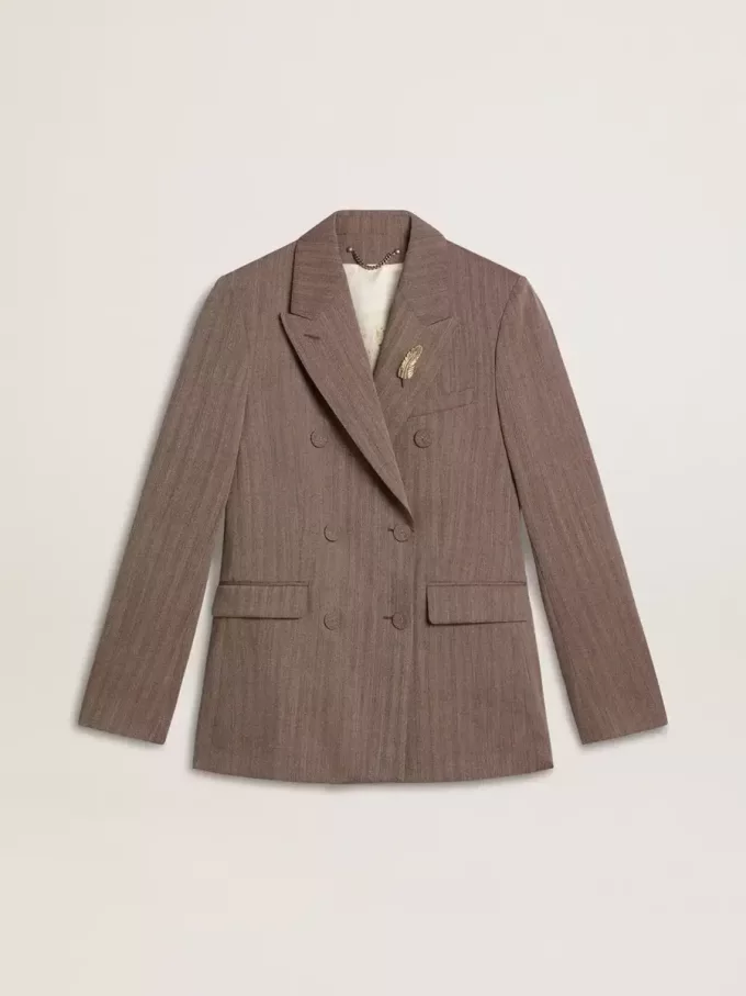 Dubbelknäppt damblazer i beige chevronullblandning Dubbelknäppt damblazer i beige chevronullblandning