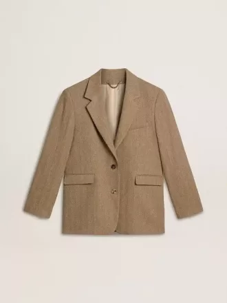 Enkelknäppt blazer för dam i sandfärgat fiskbensmönster