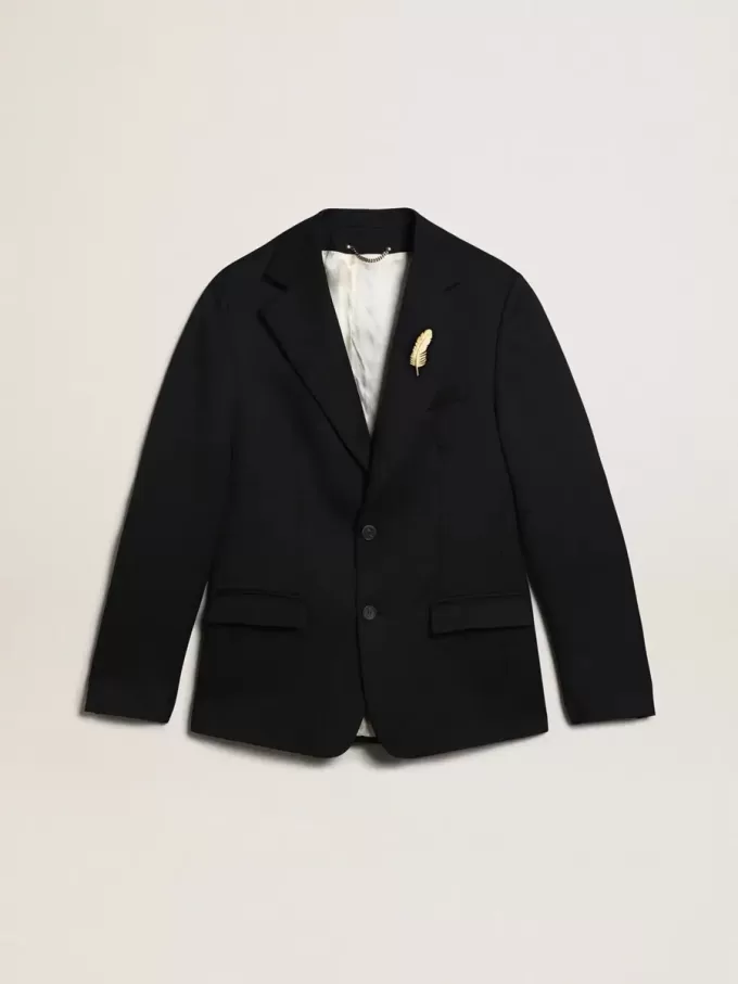 Enkelknäppt blazer för herr i mörkblå ullgabardin Enkelknäppt blazer för herr i mörkblå ullgabardin