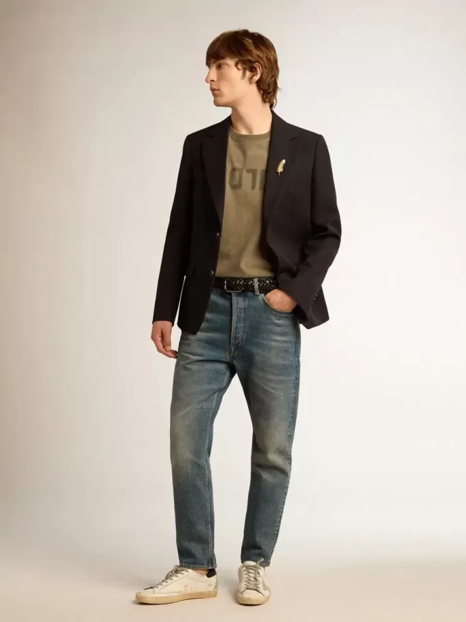 Enkelknäppt blazer för herr i mörkblå ullgabardin Enkelknäppt blazer för herr i mörkblå ullgabardin