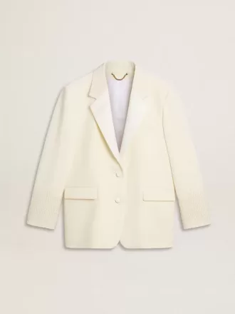 Enkelknäppt oversize-jacka i vitt med silkeffekt och broderier