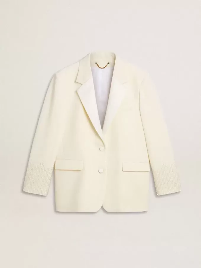 Enkelknäppt oversize-jacka i vitt med silkeffekt och broderier