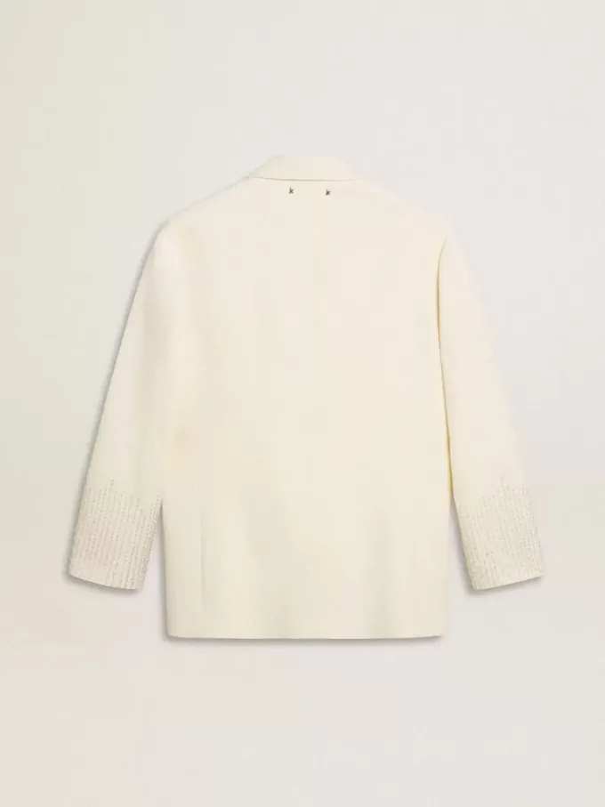 Enkelknäppt oversize-jacka i vitt med silkeffekt och broderier