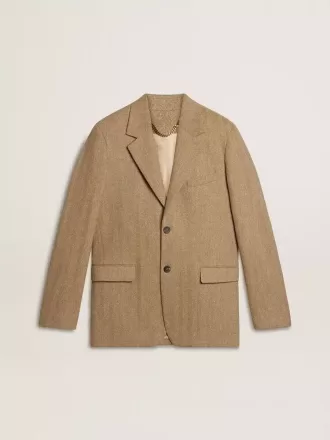 Enknäppt blazer för herr i sandfärgad linneblandning med chevronmönster.