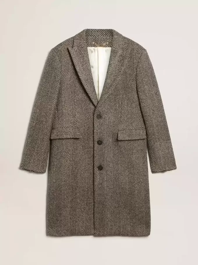 Enknäppt ullkappa för herr i beige och grå fiskbensmönster Enknäppt ullkappa för herr i beige och grå fiskbensmönster