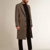 Enknäppt ullkappa för herr i beige och grå fiskbensmönster Enknäppt ullkappa för herr i beige och grå fiskbensmönster