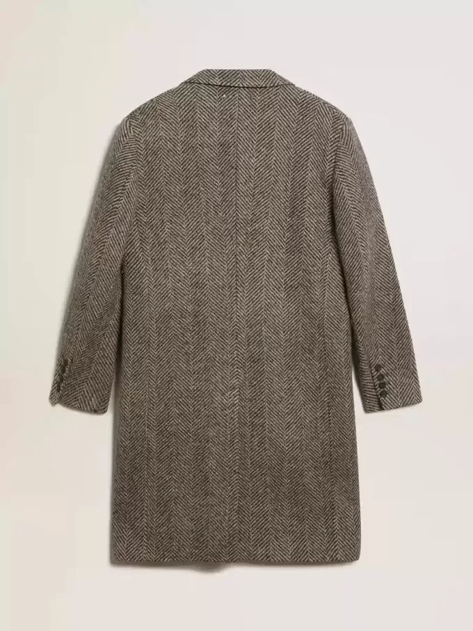 Enknäppt ullkappa för herr i beige och grå fiskbensmönster Enknäppt ullkappa för herr i beige och grå fiskbensmönster