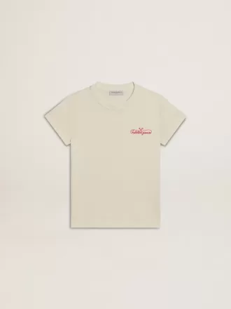 Flick-T-shirt i bomull i slitet vitt med röd brodyr på bröstet