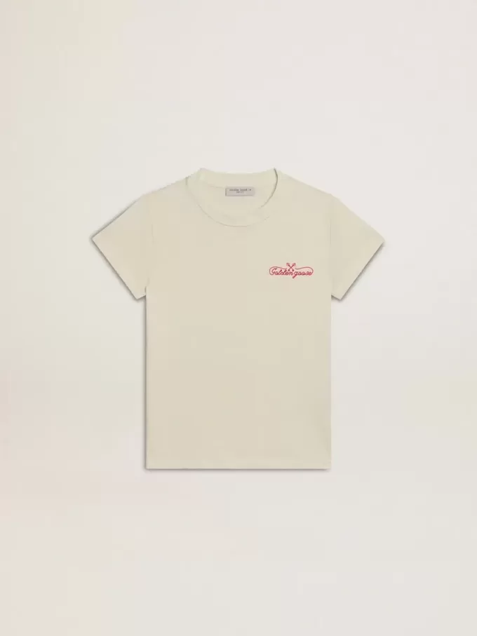 Flick-T-shirt i bomull i slitet vitt med röd brodyr på bröstet