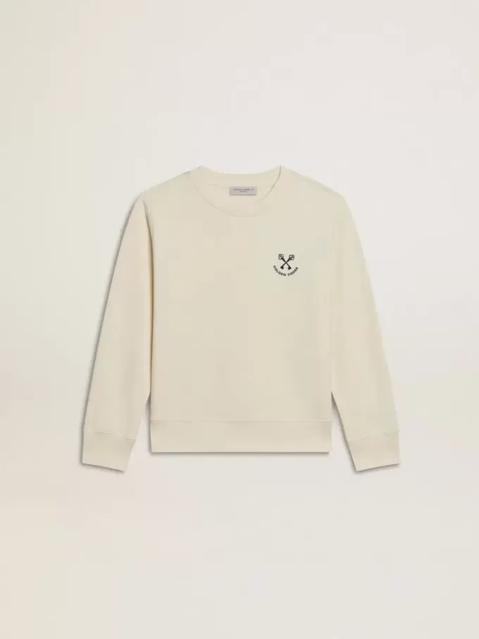 Flick-T-shirt i slitet vitt med broderi på framsidan och tryck på baksidan