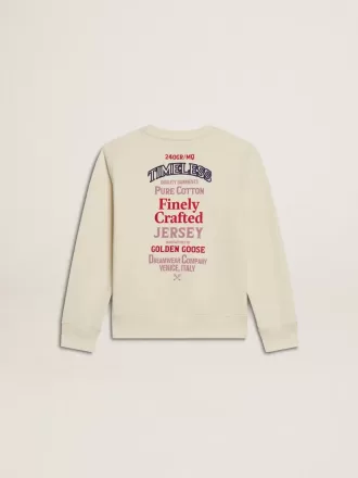 Flick-T-shirt i slitet vitt med broderi på framsidan och tryck på baksidan