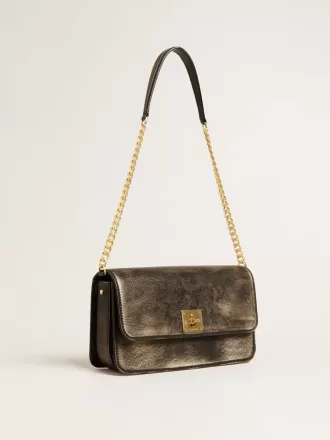 Gioia-väska i svart vintage-läder med gulddetaljer