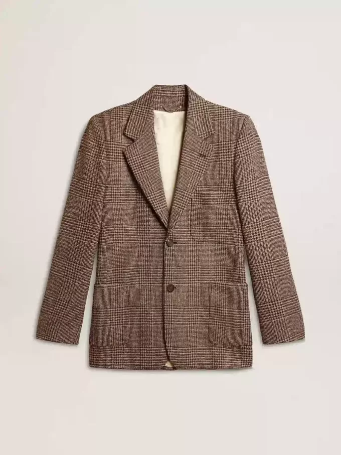 Grå enkelknäppt blazer för män i hundtandsmönstrad ull Grå enkelknäppt blazer för män i hundtandsmönstrad ull
