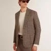 Grå enkelknäppt blazer för män i hundtandsmönstrad ull Grå enkelknäppt blazer för män i hundtandsmönstrad ull