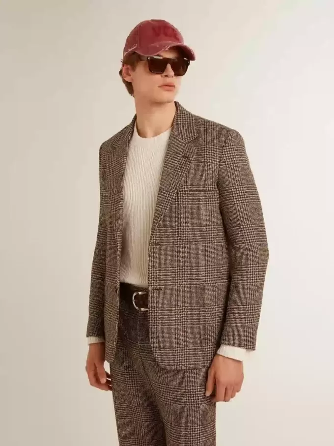 Grå enkelknäppt blazer för män i hundtandsmönstrad ull Grå enkelknäppt blazer för män i hundtandsmönstrad ull