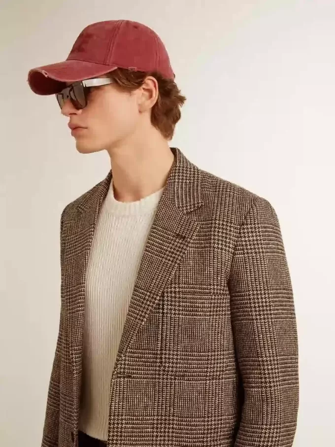 Grå enkelknäppt blazer för män i hundtandsmönstrad ull Grå enkelknäppt blazer för män i hundtandsmönstrad ull