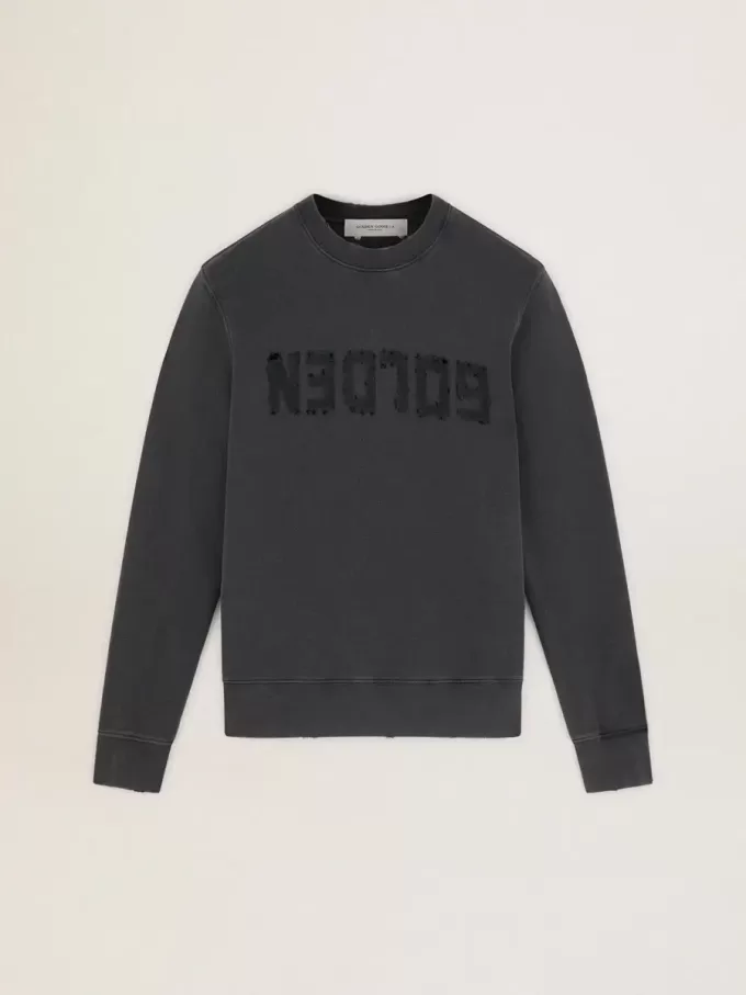 Grå herr-sweatshirt med logo och slitna detaljer