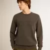 Grå herr-sweatshirt med logo och slitna detaljer