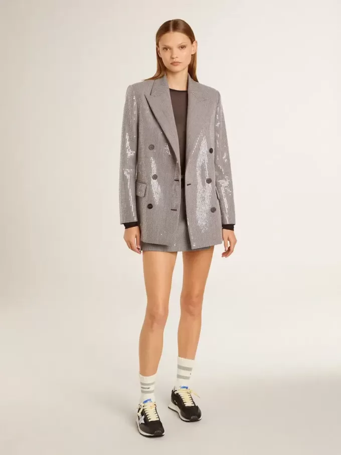 Grå minishorts för dam i hundtandsmönstrad ull Grå minishorts för dam i hundtandsmönstrad ull