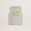 Grå ärmlös T-shirt för damer med gult tryck