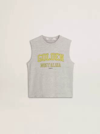 Grå ärmlös T-shirt för damer med gult tryck