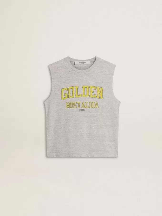 Grå ärmlös T-shirt för damer med gult tryck