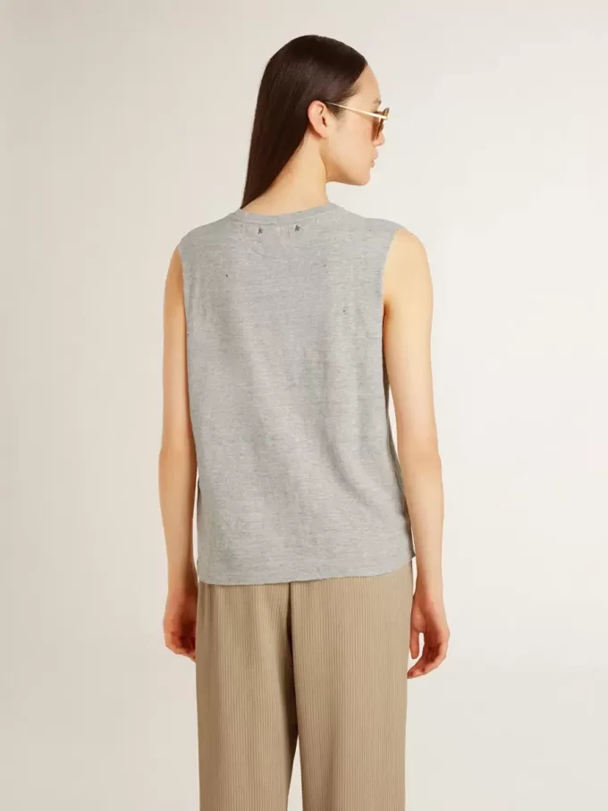 Grå ärmlös T-shirt för damer med gult tryck