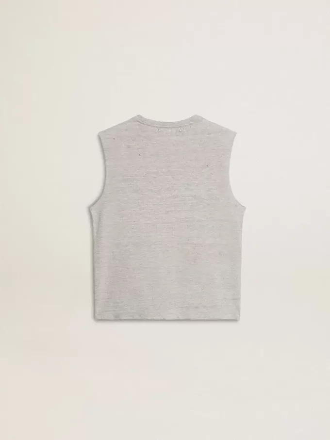 Grå ärmlös T-shirt för damer med gult tryck
