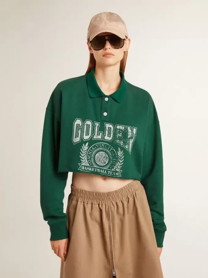 Grön kort polo-tröja med tryck för damer Grön kort polo-tröja med tryck för damer