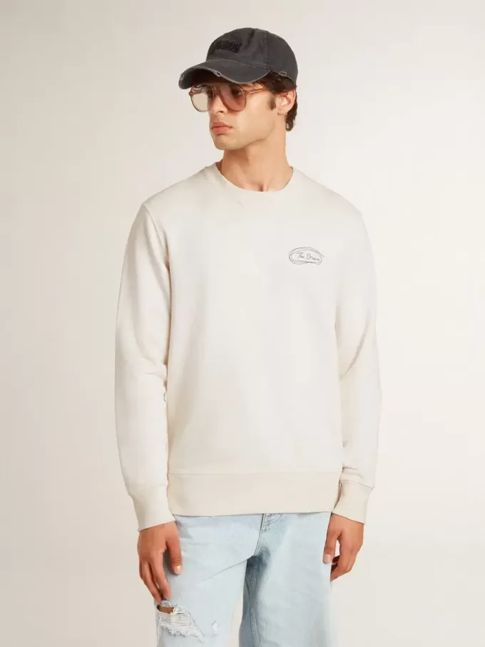 Herr-sweatshirt i slitet vitt med tryck