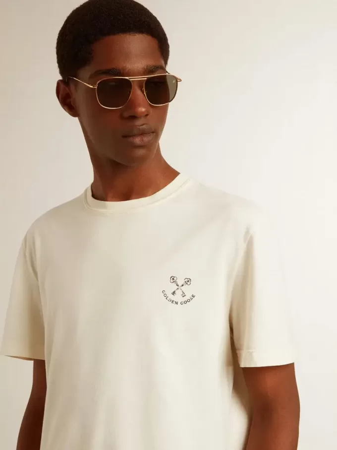 Herr-T-shirt i bomull i åldrat vitt med tryck på hjärtat Herr-T-shirt i bomull i åldrat vitt med tryck på hjärtat